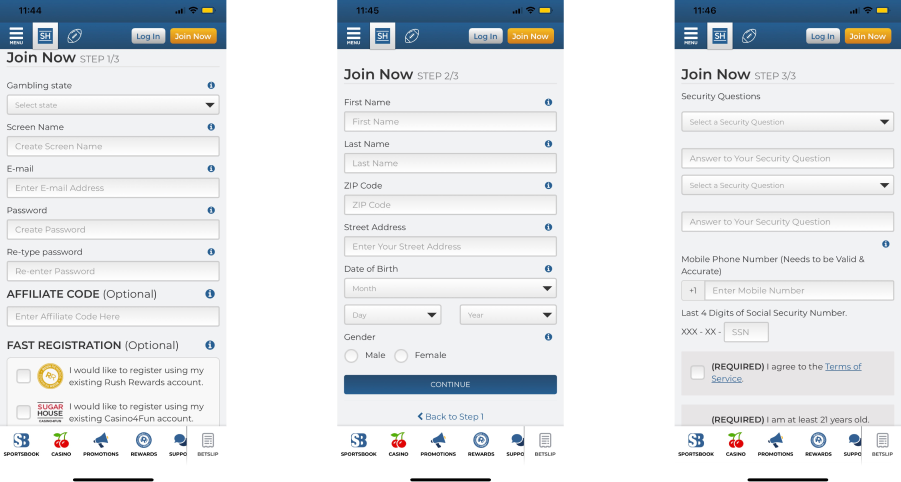 Mobile Screens for Steps 1-3 of the SugarHouse Casino Registration Process